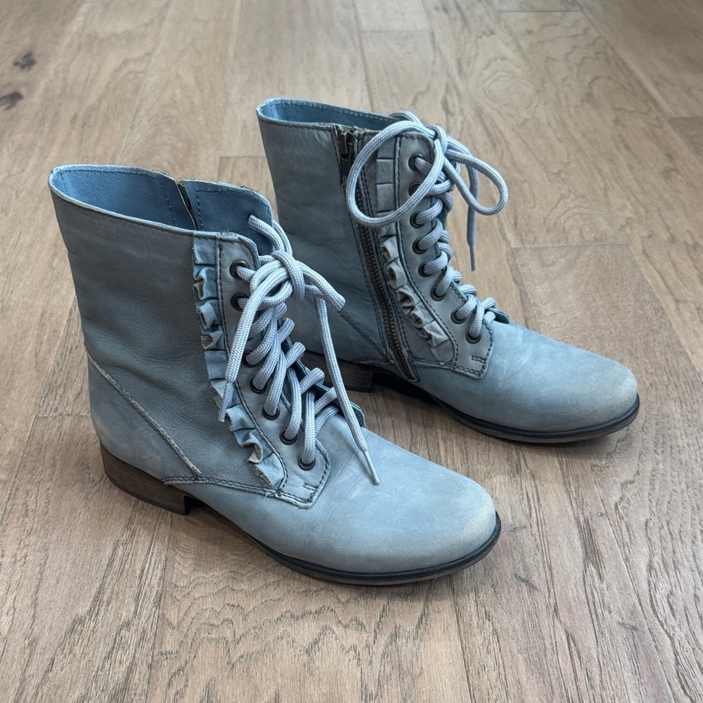 Betsey Johnson Light Blue Lace-Up Ruffle Ankle Boots